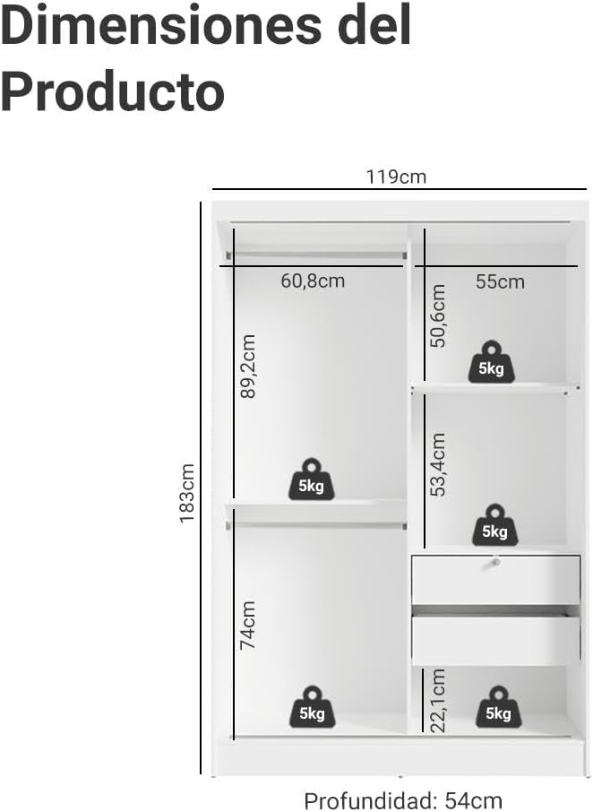 Kit Recámara Infantil Clóset y Cómoda con 6 Cajones - Blanco