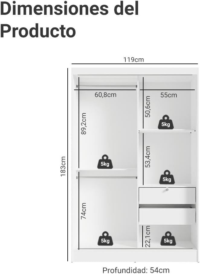 Kit Recámara Infantil Clóset y Cómoda con 6 Cajones - Blanco