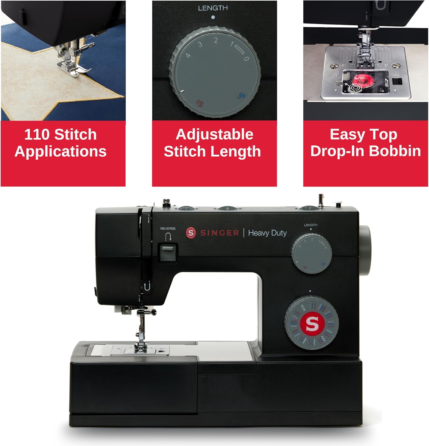 Máquina de coser negra de alta velocidad con kit de accesorios, motor fuerte con potencia de perforación mejorada, 110 aplicaciones de puntadas, marco de metal completo, ojal de 1 paso y