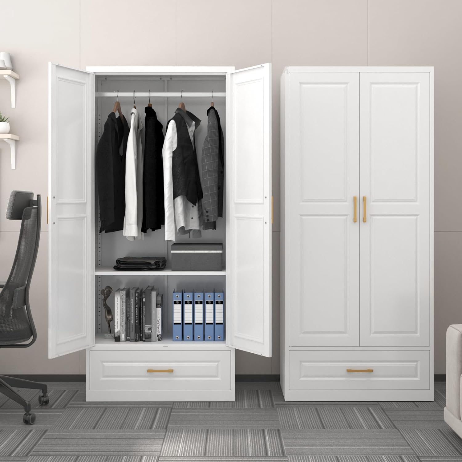 clóset de metal de 71 pulgadas con cajón, clóset de almacenamiento alto para ropa con estantes ajustables y barra colgante, clóset blanco para recámara, hogar, oficina, gimnasio