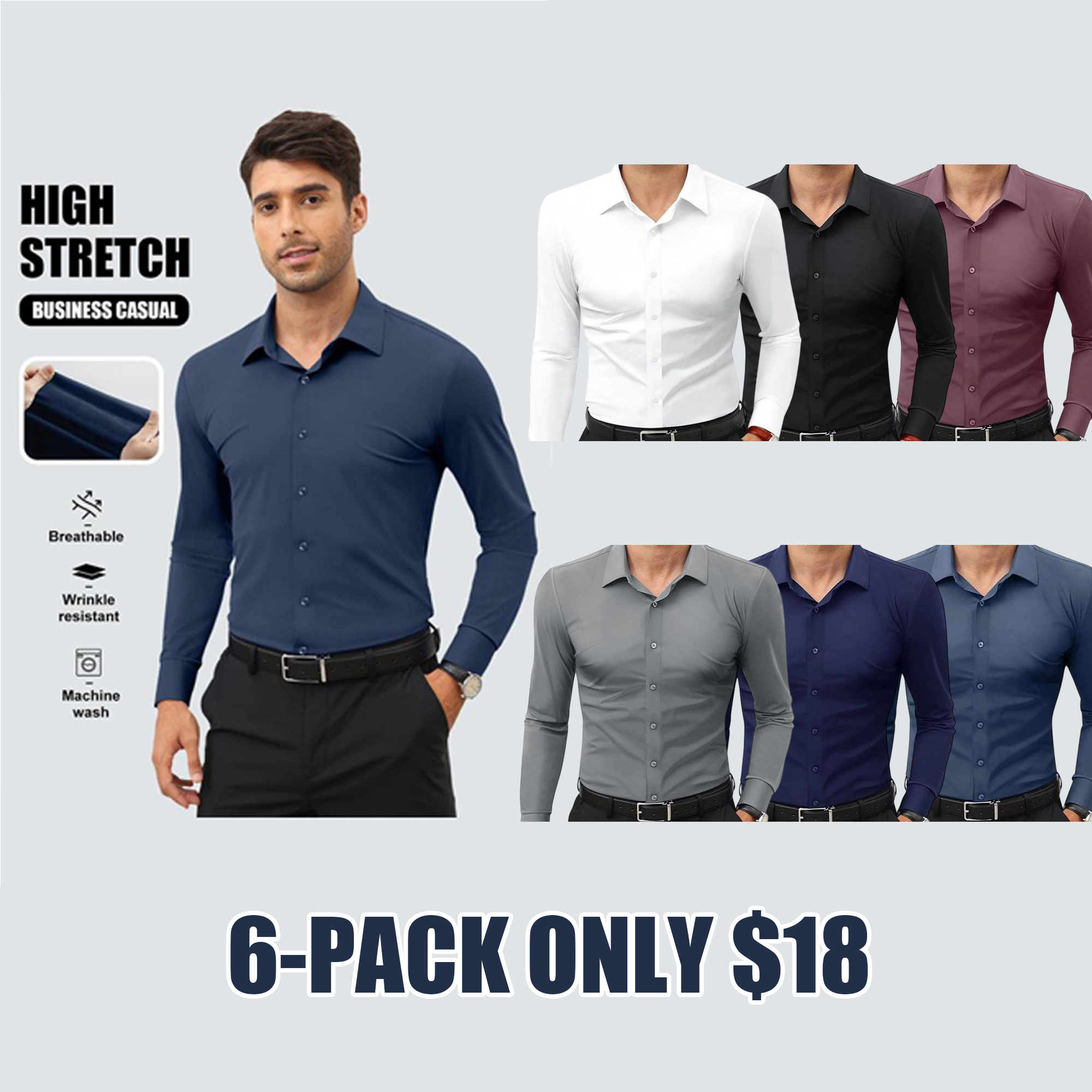 🔥10-Pack (one of each color)🔥Men’s Stretch Slim-Fit Long Sleeve Dress Shirt