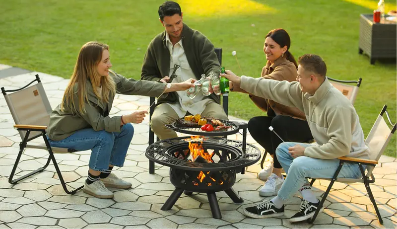Product Introduction of BALI OUTDOORS 2-in-1 Wood Fire Pit with Grill 360&deg; Rotated for Backyard Camping Tailgating Party Heavy Duty Firepit 2