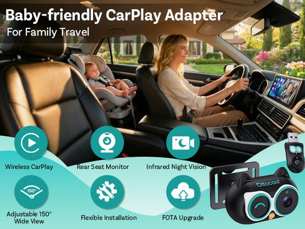 OTTOCAST Baby Car Camera &Wireless CarPlay Adapter,1080P HD Rear Seat Monitor Display on Car Screen,150&deg;Wide Angle No-Glow Night View, Safety for Kids & Infants