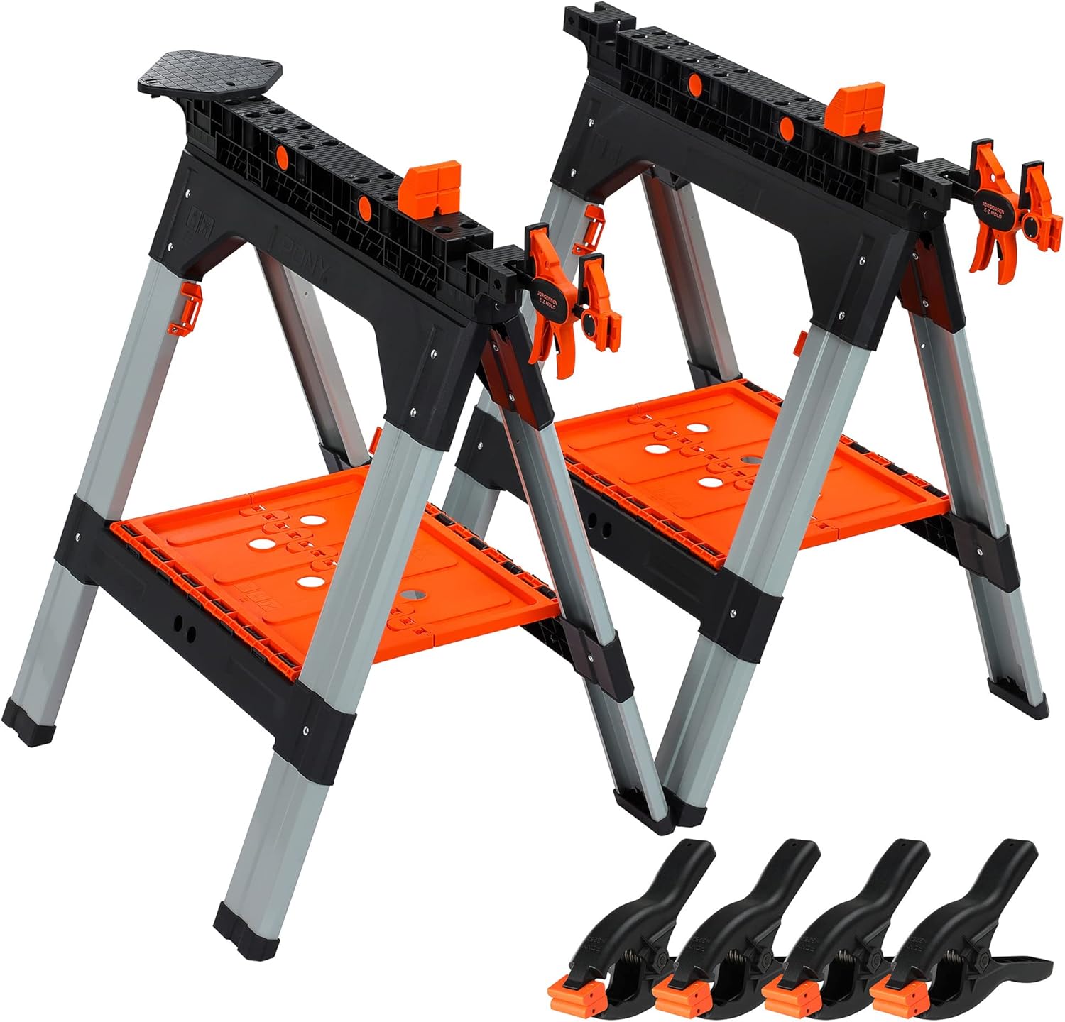 2-Pack Clamping Sawhorses, 1200 LBS Load Capacity, 30-3/4" Folding Sawhorse with 12” F Clamps, Bench Dogs, Angle Clamps, 2" Spring Clamps, Steel Legs, Heavy Duty for Woodworking