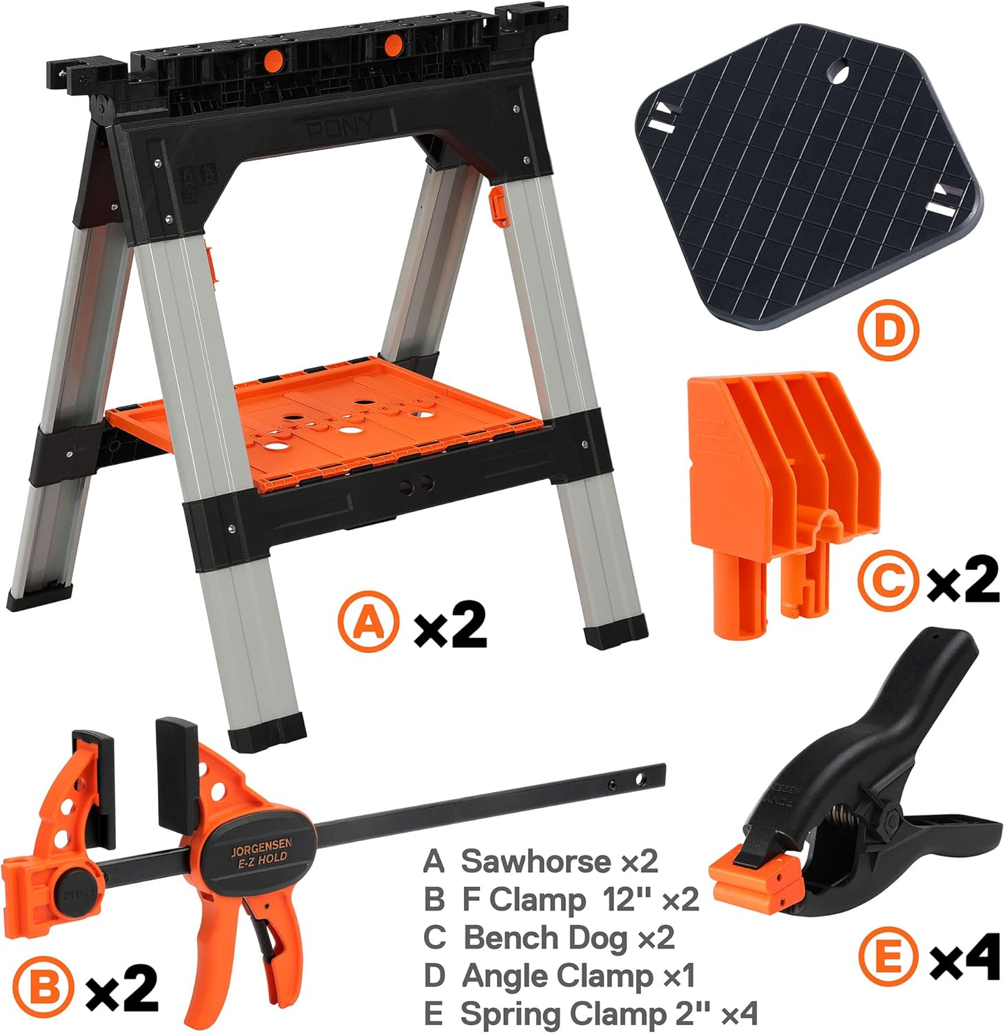 2-Pack Clamping Sawhorses, 1200 LBS Load Capacity, 30-3/4" Folding Sawhorse with 12” F Clamps, Bench Dogs, Angle Clamps, 2" Spring Clamps, Steel Legs, Heavy Duty for Woodworking