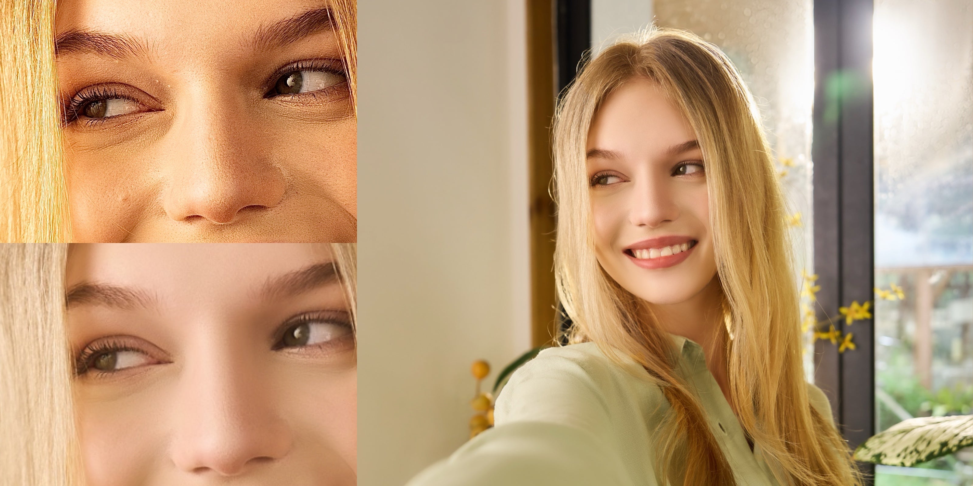 Xtra Muse vlogging camera collage showing a woman's face, demonstrating AI Face Retouch features for a natural, personalized look without editing.