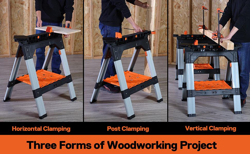 #SpringGlowUp PONY 2-Pack Clamping Sawhorses, 1200 LBS Load Capacity, 30-3/4" Folding Sawhorse with 12&rdquo; F Clamps, Bench Dogs, Angle Clamps, 2" Spring Clamps, Steel Legs, Heavy Duty for Woodworking