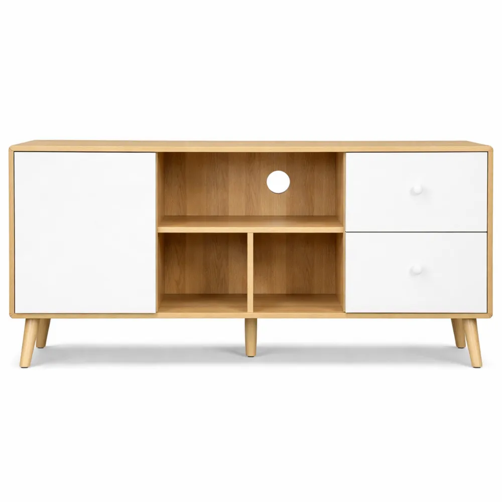 Meuble TV en bois avec rangements à niches et tiroirs