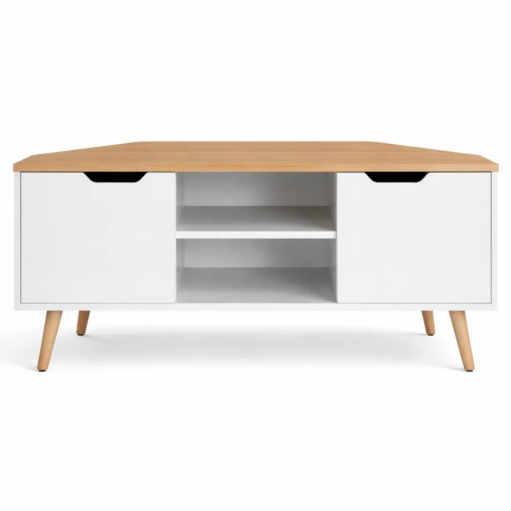 Meuble TV d'angle industriel - Blanc et chêne - 115 x 55 x 53,5 cm