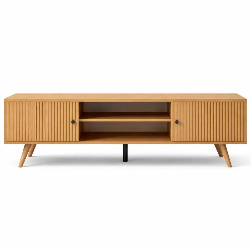 Meuble TV Moderne avec Rangement Pratique, Montage Simple, Finition Chêne