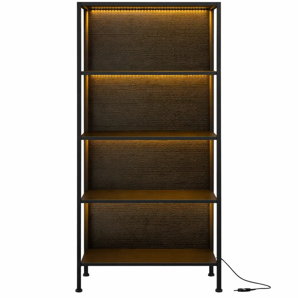 Étagère à 5 niveaux avec éclairage LED multicolore, structure en acier industriel, pour salon, bureau ou chambre