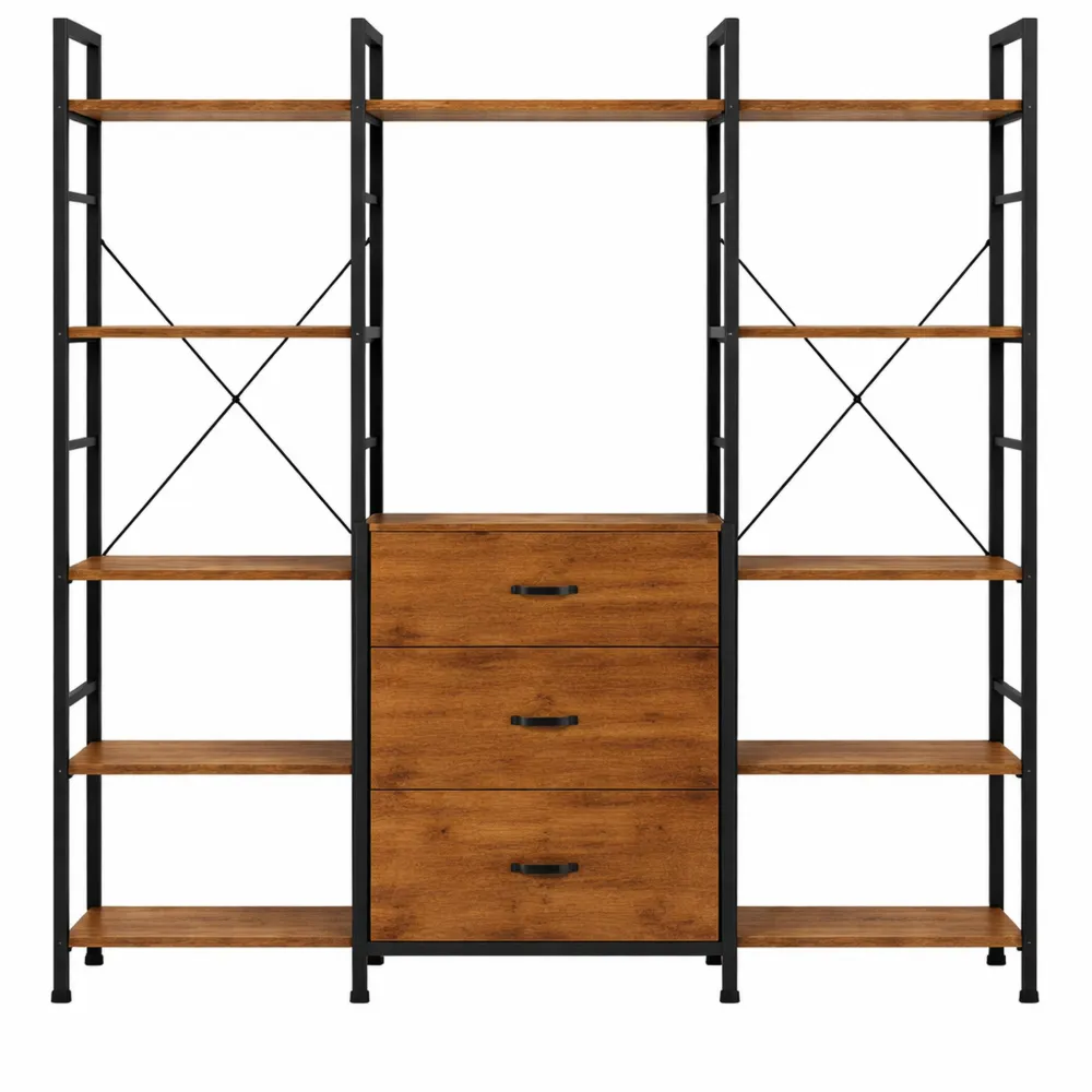 Grande étagère en bois rustique à 4 niveaux avec tiroirs en tissu