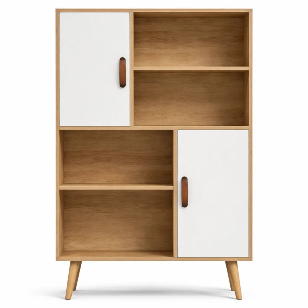 Étagère nordique à 4 niches et 2 portes, bois de chêne