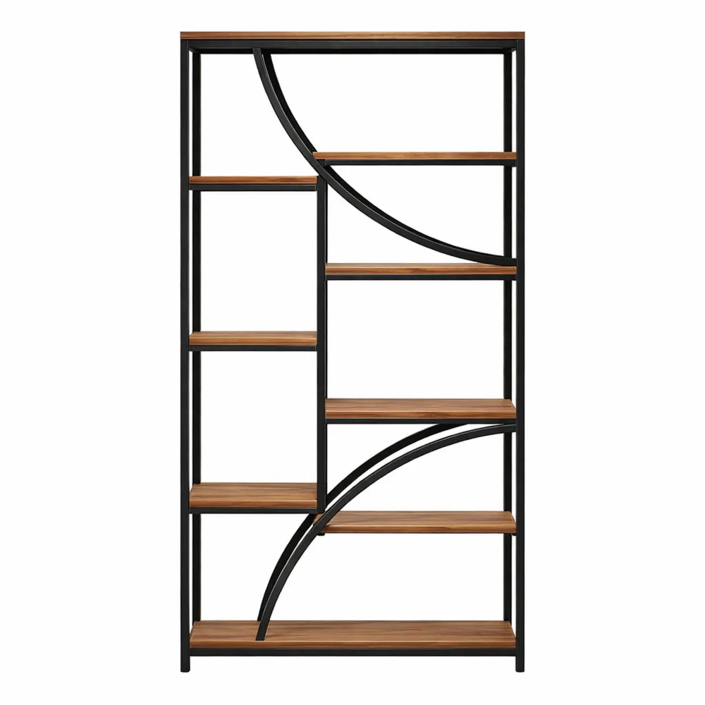 Grande étagère géométrique industrielle en bois et métal pour salon