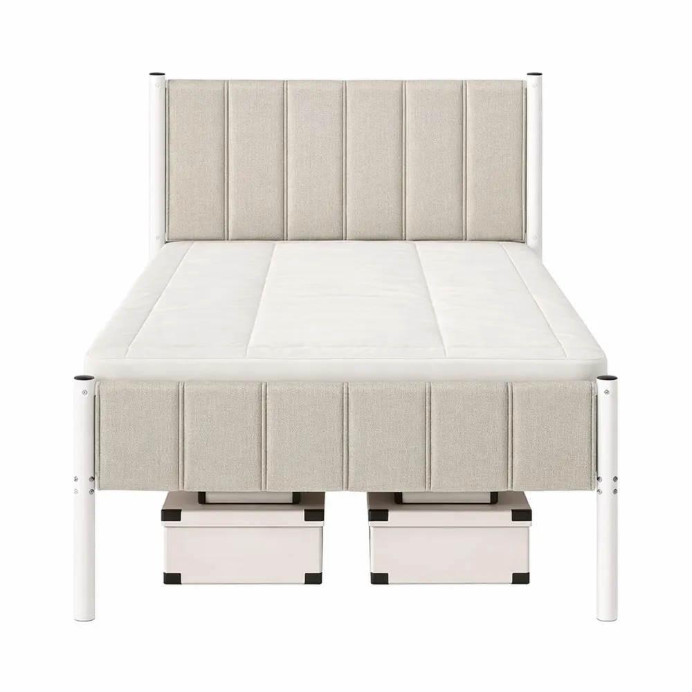 Lit simple 90 x 190 cm avec tête rembourrée, acier, capacité 250 kg, montage facile, beige