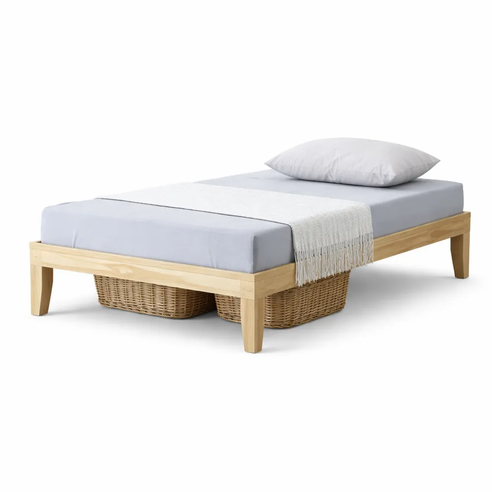 Lit en Bois Naturel avec Sommier à Lattes et Rangement, 90 x 200 cm