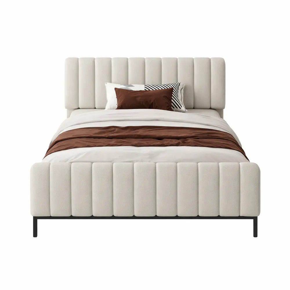 Lit Simple Rembourré avec Sommier à Lattes et Tête Réglable - 90 x 200 cm, Beige