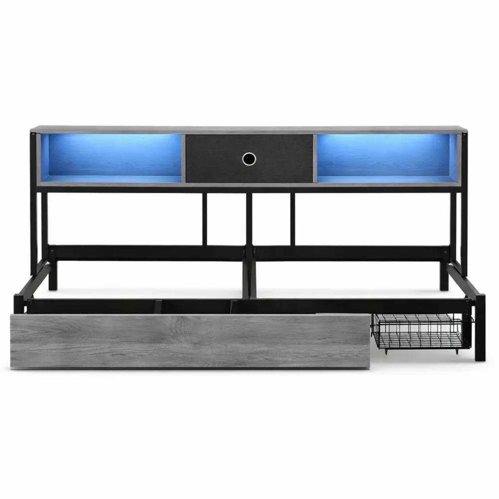 Canapé convertible avec rangement et éclairage LED, lit double avec tiroirs et compartiments