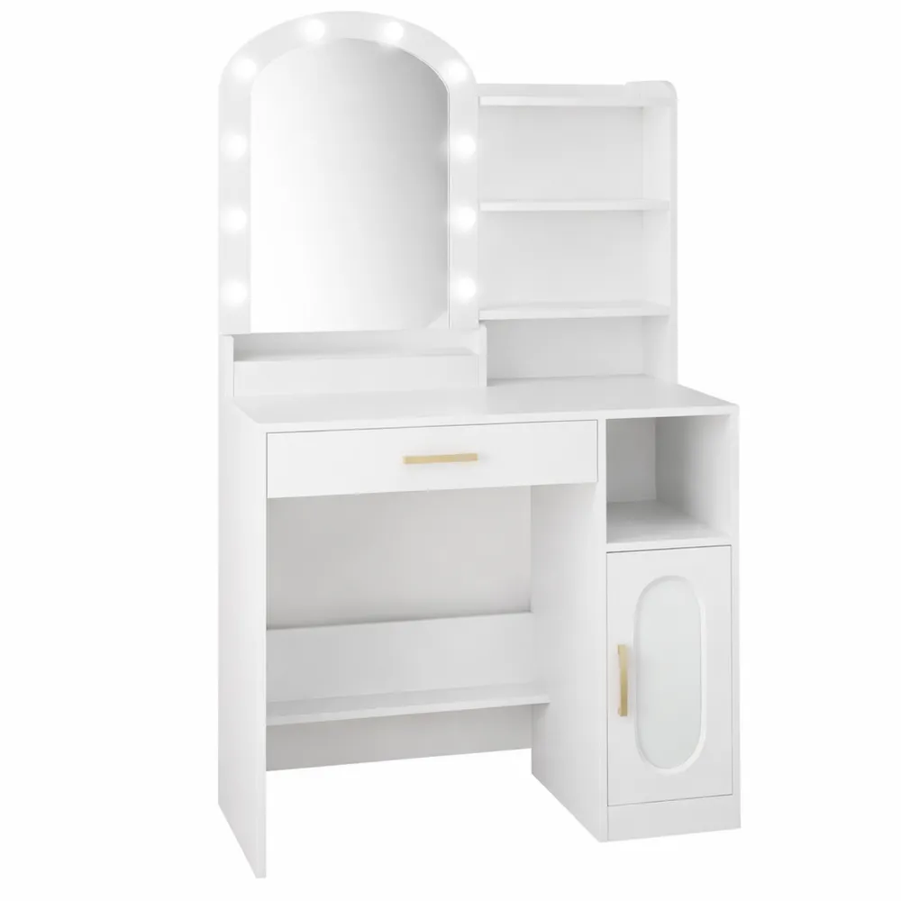 Table de Maquillage Blanche avec Miroir LED Réglable et Rangements