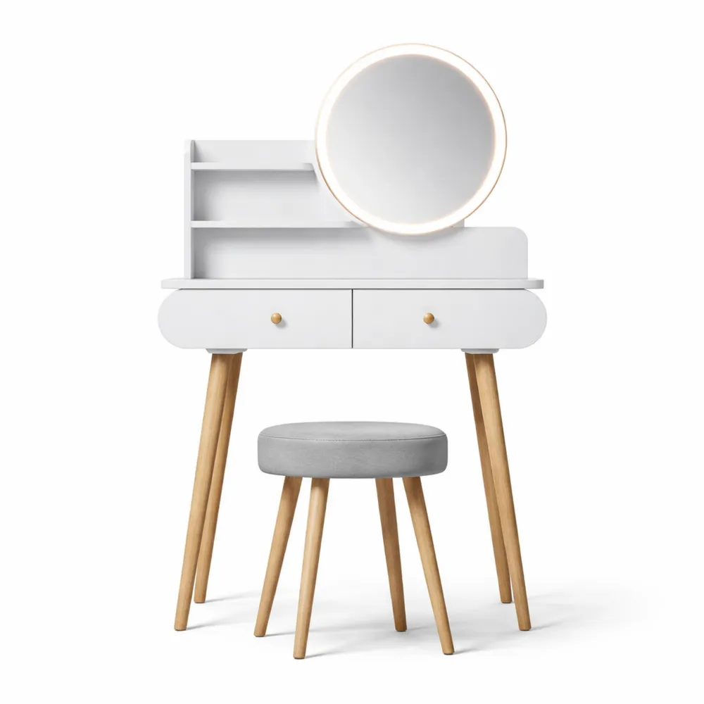 Table de Maquillage avec Éclairage LED et Tabouret, 80 cm, Blanc