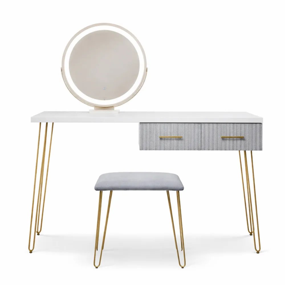 Table de maquillage grise avec éclairage LED et tabouret 120cm