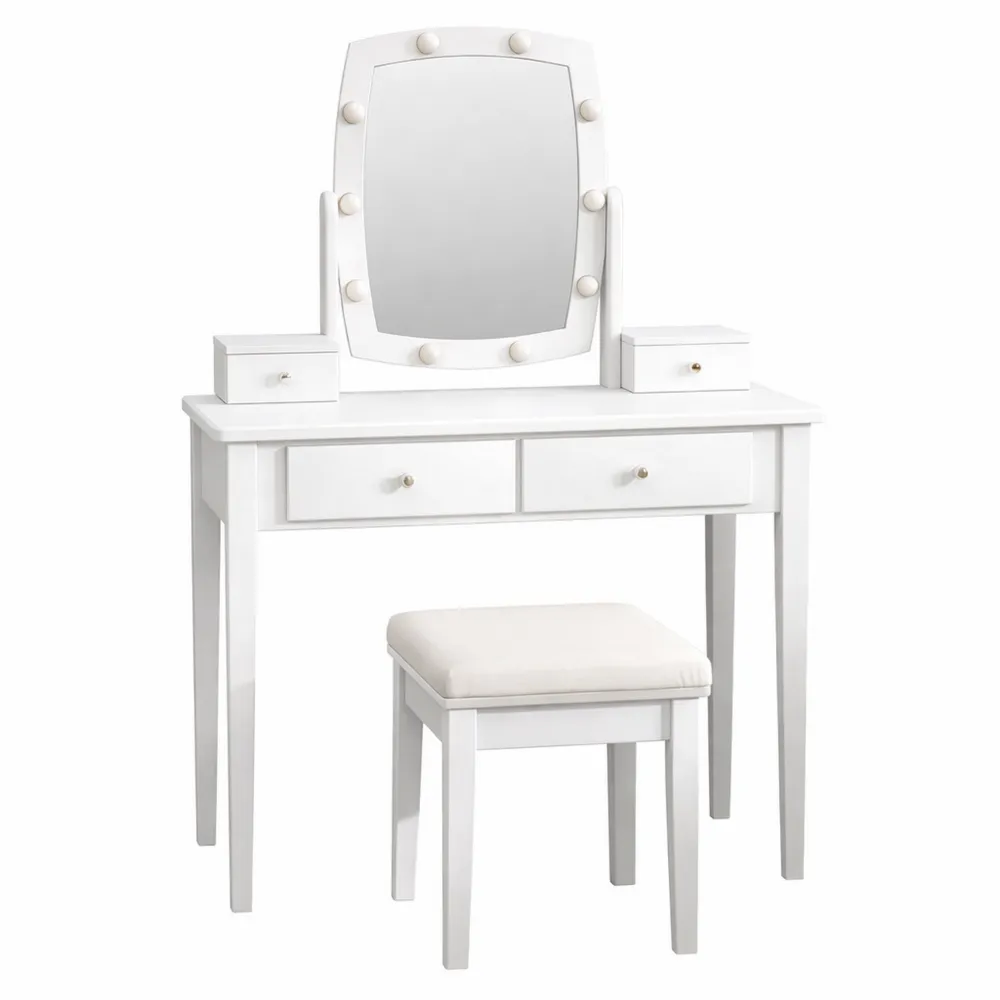 Table de Maquillage avec Miroir Pivotant et Éclairage LED, Tabouret Confortable, 4 Tiroirs de Rangement