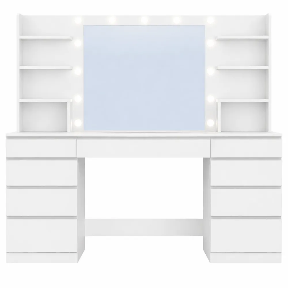 Table de Maquillage avec Éclairage LED et Miroir, Luminosité Ajustable, 9 Tiroirs et 9 Étagères Ouvertes, Blanc-Argent