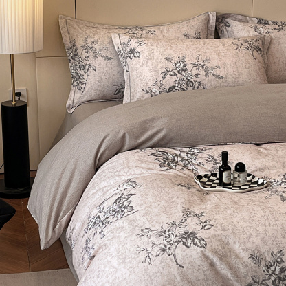 Floral Grace Grey Cotton Bedding Set