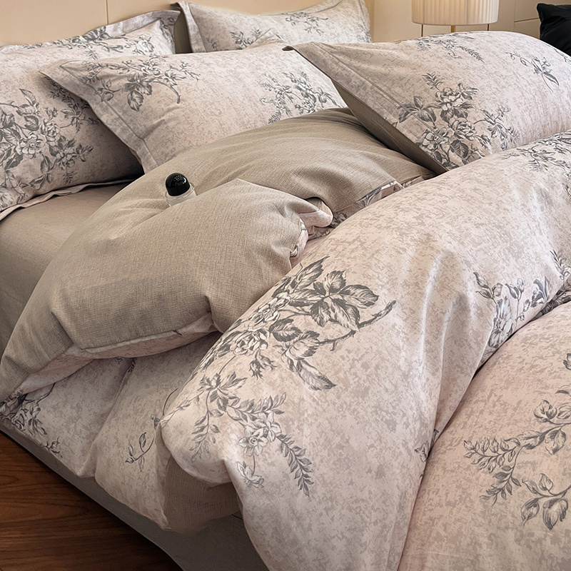 Floral Grace Grey Cotton Bedding Set
