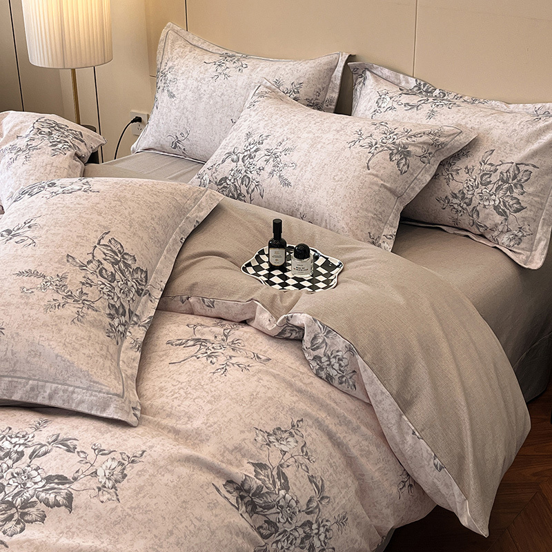 Floral Grace Grey Cotton Bedding Set