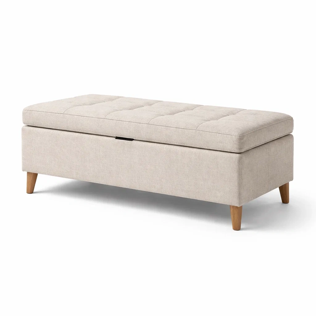 Banc de rangement en tissu lin beige avec pieds en bois-luxespacenest