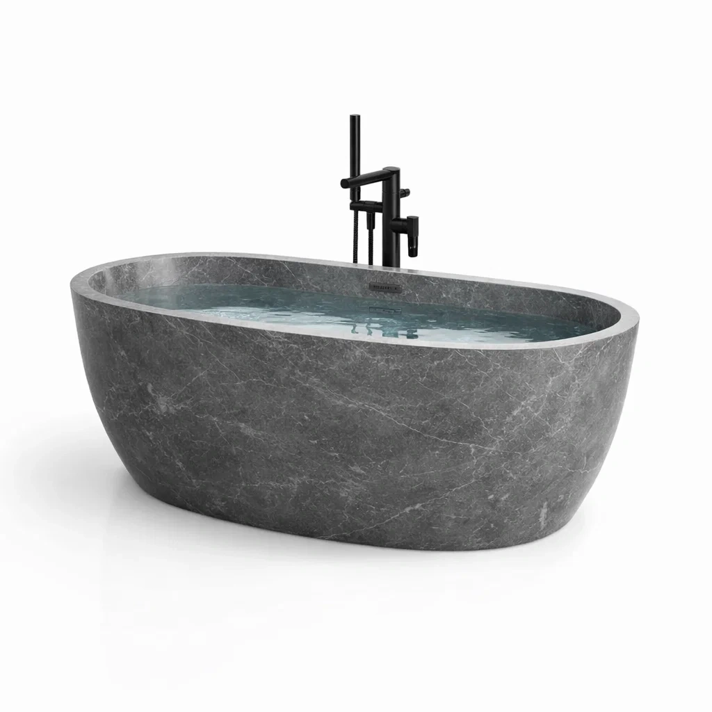 Baignoire îlot en pierre naturelle grise avec robinetterie noire-DREAMNESTLIVING