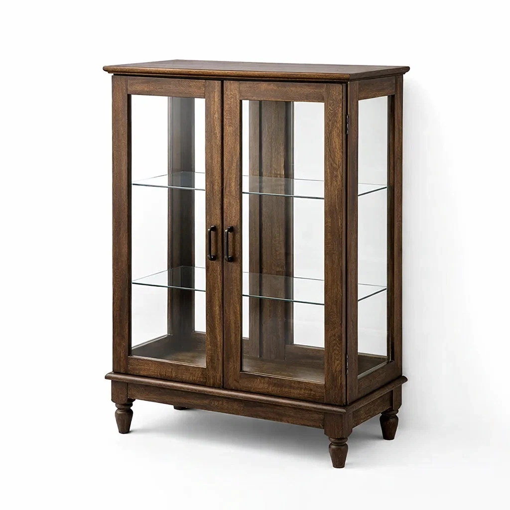 Vitrine en bois avec portes vitrées et étagères en verre trempé-DREAMNESTLIVING