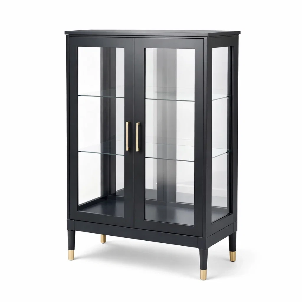 Vitrine en bois MDF noir avec portes en verre trempé-DREAMNESTLIVING