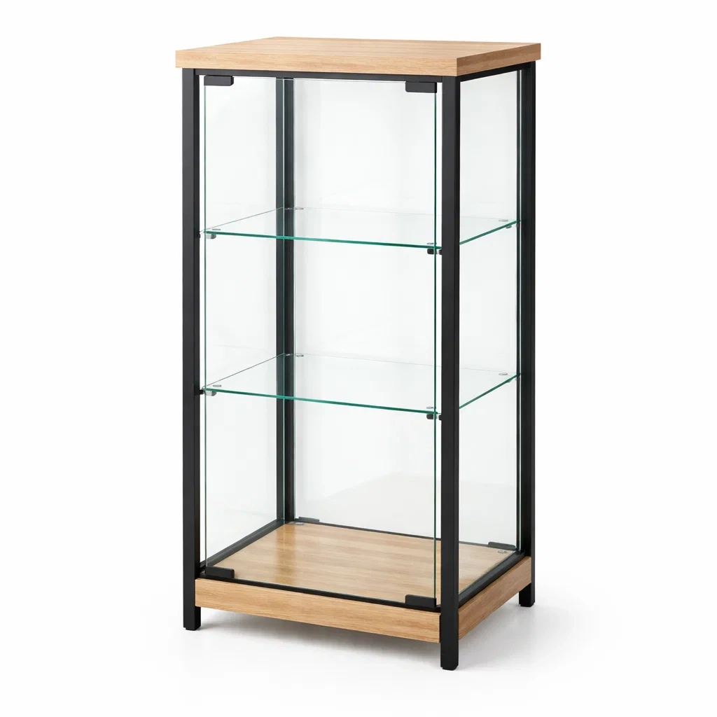 Vitrine en verre trempé avec structure en acier et étagères en chêne 120 x 50 x 40 cm-DREAMNESTLIVING