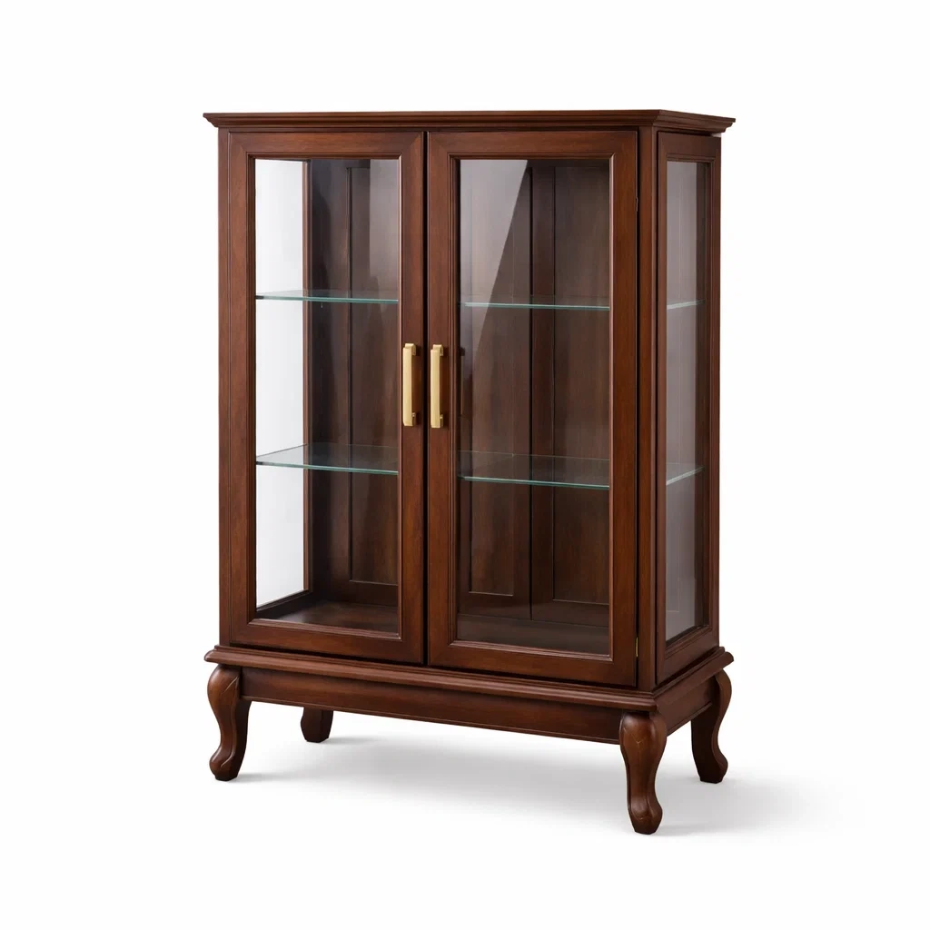 Vitrine en bois brun avec portes en verre trempé-DREAMNESTLIVING