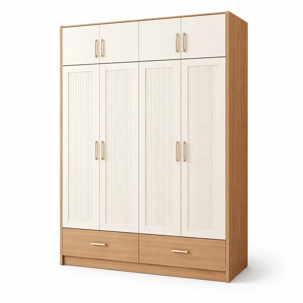 Armoire en bois aggloméré blanc et chêne 8 portes 2 tiroirs-DREAMNESTHOME