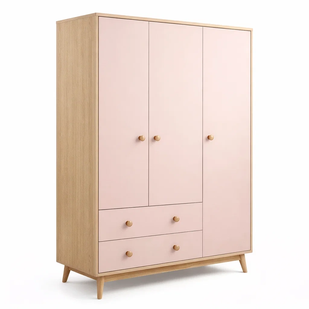 Armoire en bois rose 3 portes 2 tiroirs 120 x 50 x 180 cm-DREAMNESTHOME