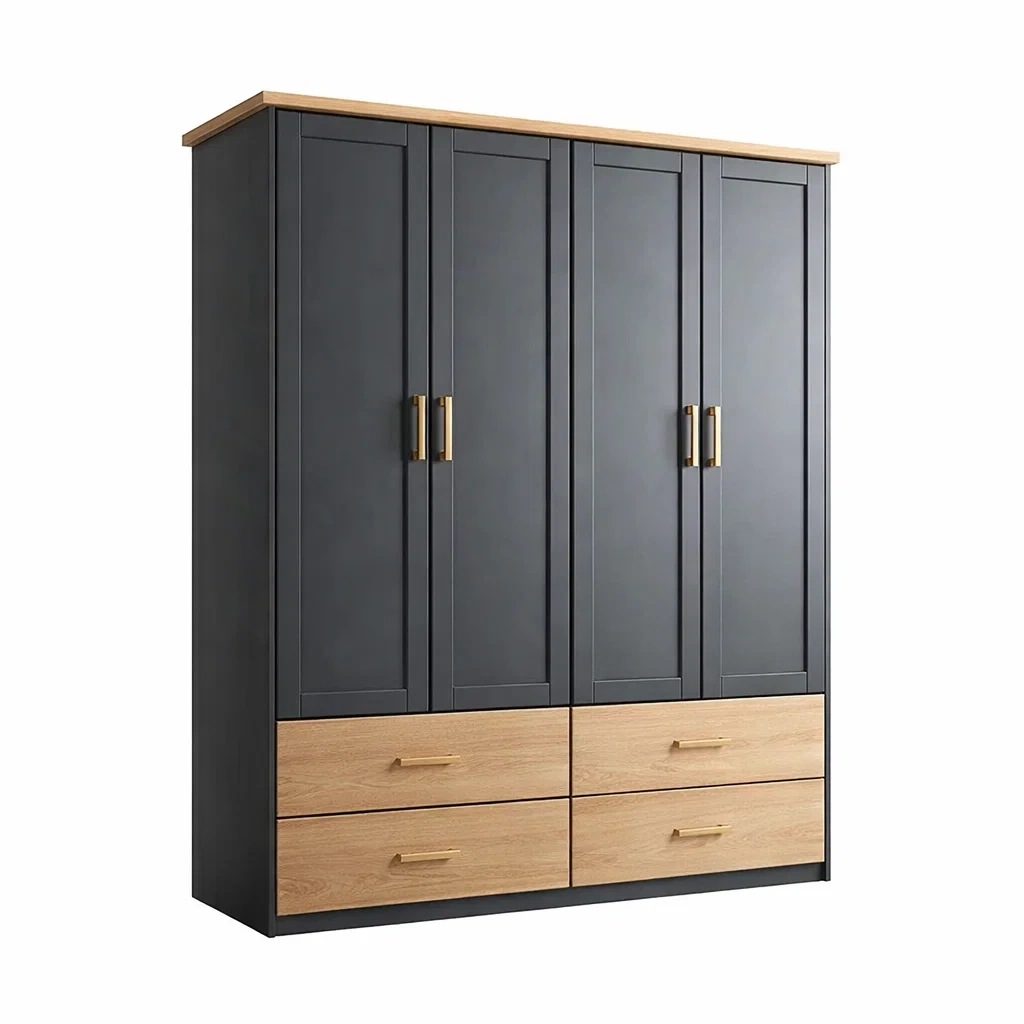 Armoire en MDF noir et chêne 4 portes 4 tiroirs-DREAMNESTLIVING