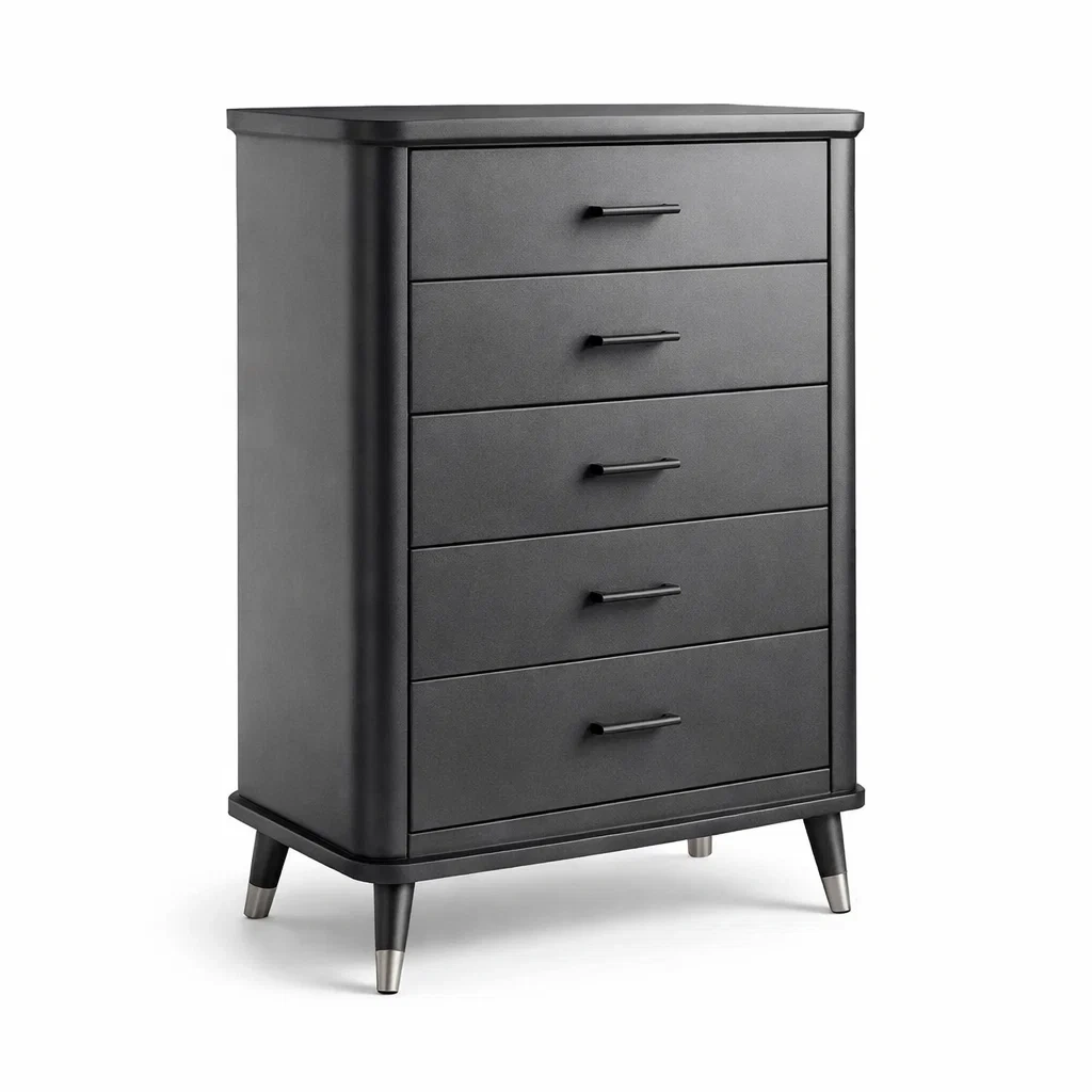 Commode haute en bois composite noir 5 tiroirs avec pieds en métal-DREAMNESTLIVING