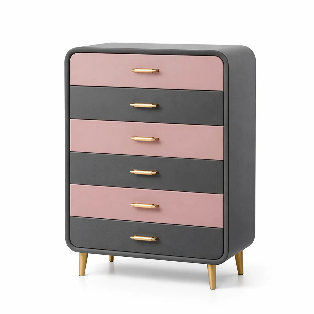 Commode en MDF gris et rose 6 tiroirs avec poignées dorées-DREAMNESTLIVING