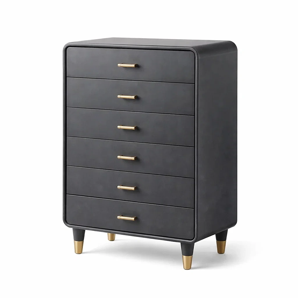 Commode en MDF noir 6 tiroirs avec poignées en acier doré-DREAMNESTLIVING