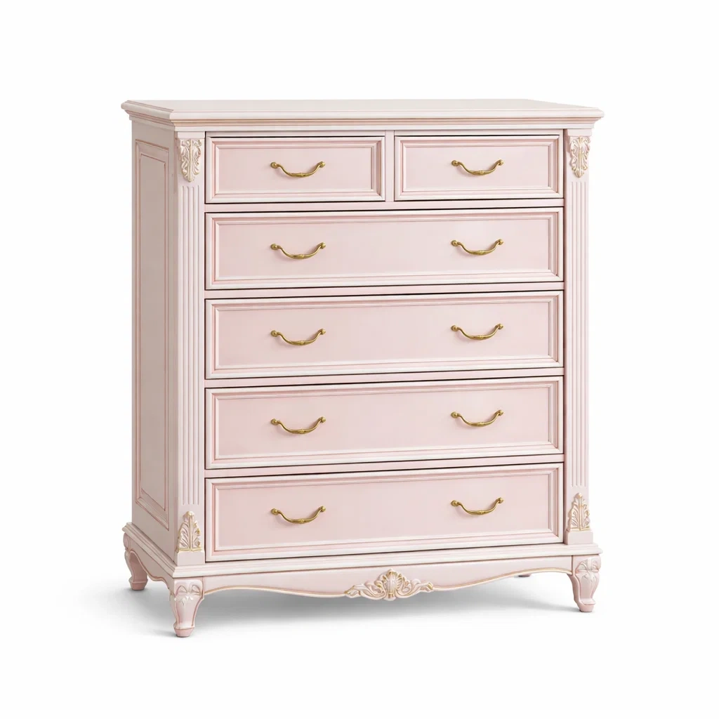 Commode en bois rose et doré 6 tiroirs-DREAMNESTLIVING