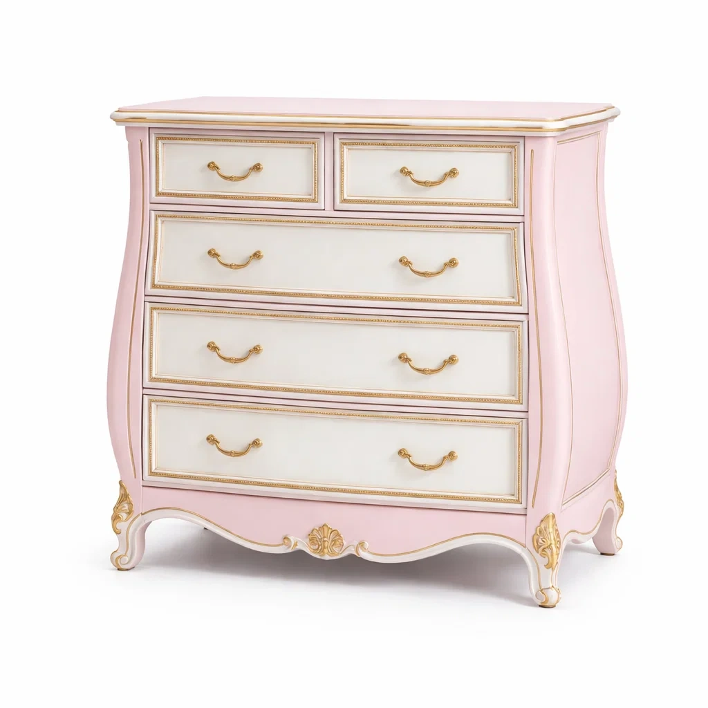 Commode en bois rose et blanc avec ornements dorés-DREAMNESTLIVING