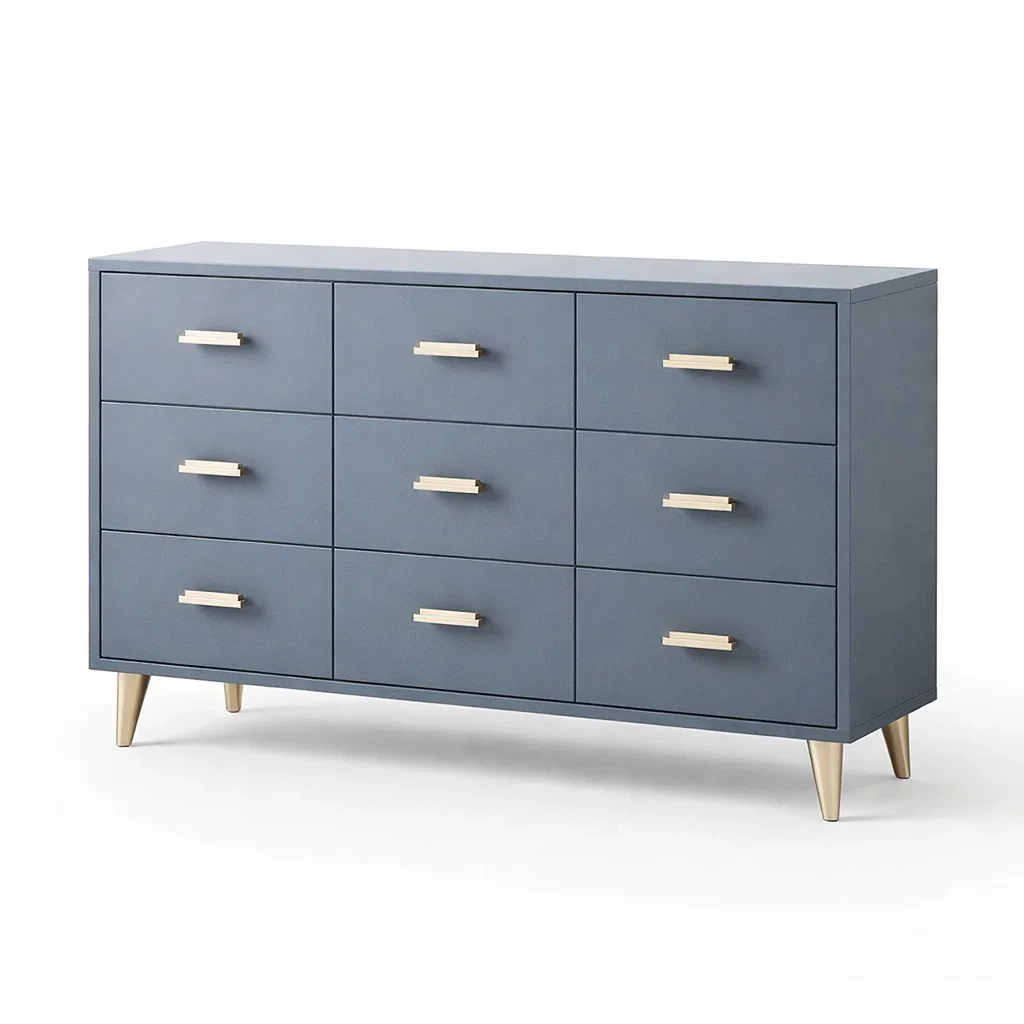 Commode en bois bleu 9 tiroirs avec pieds en métal-DREAMNESTLIVING