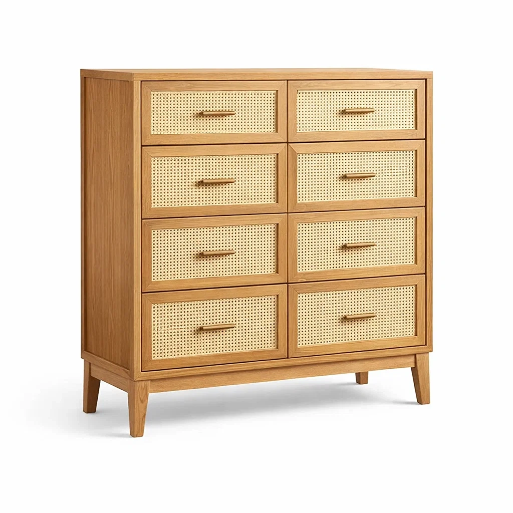 Commode en chêne et rotin 8 tiroirs-DREAMNESTLIVING