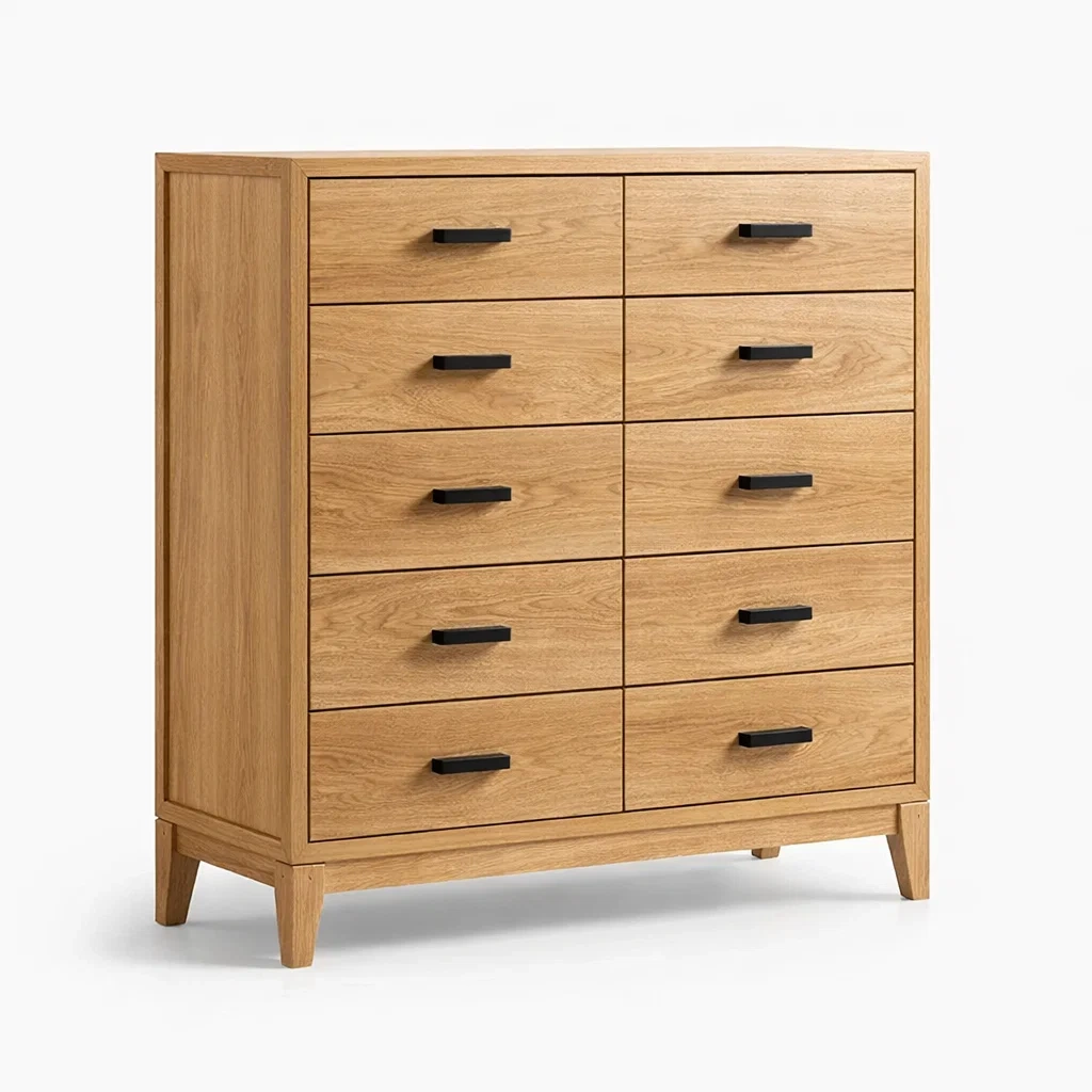 Commode en chêne 10 tiroirs avec poignées en métal noir-DREAMNESTLIVING