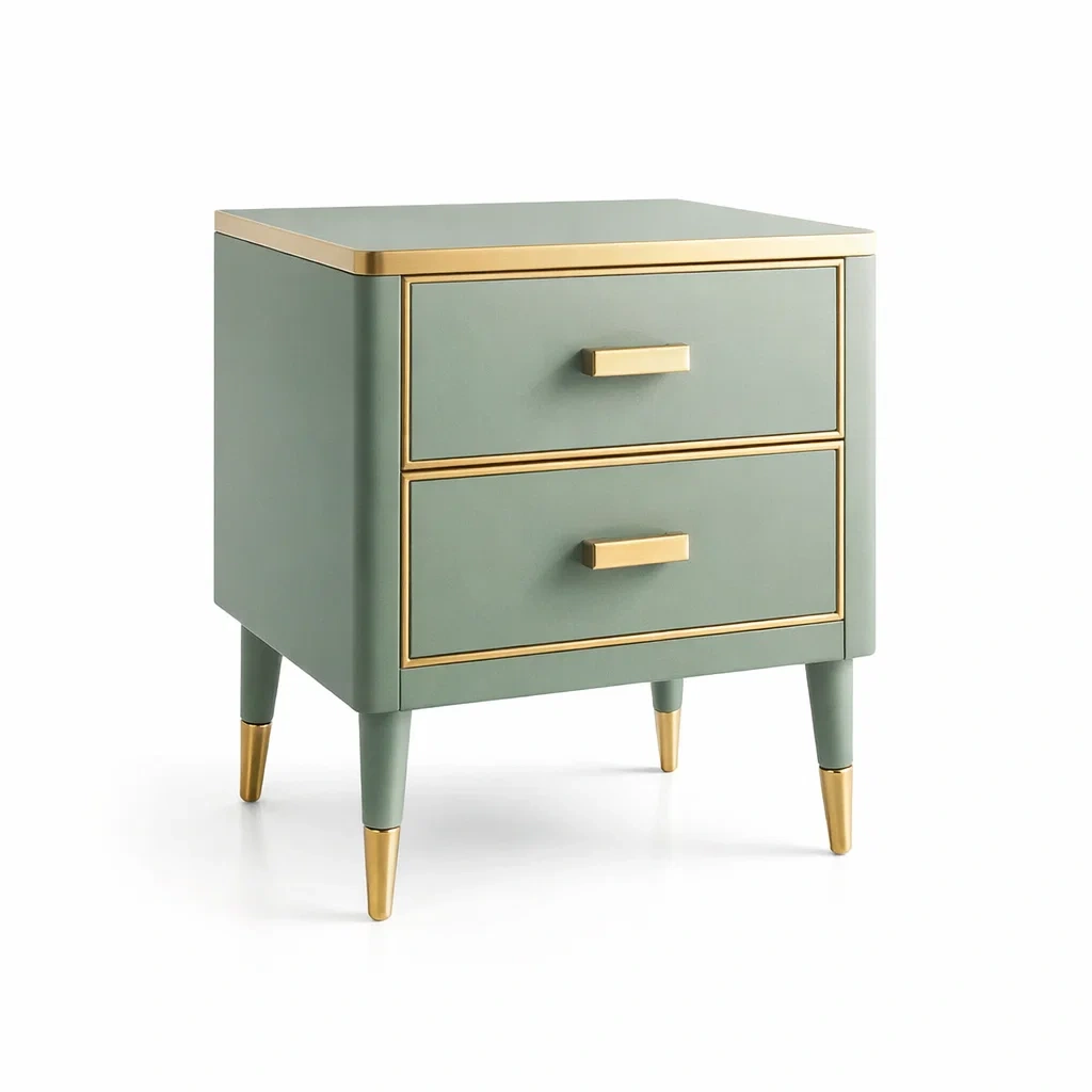 Table de chevet en bois vert avec finition dorée et 2 tiroirs-DREAMNESTLIVING