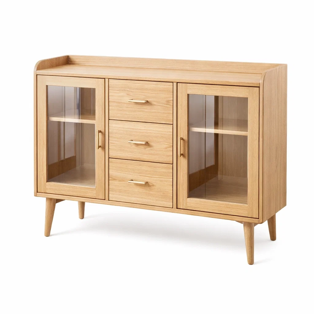 Buffet en chêne avec portes en verre trempé et 3 tiroirs-DREAMNESTLIVING