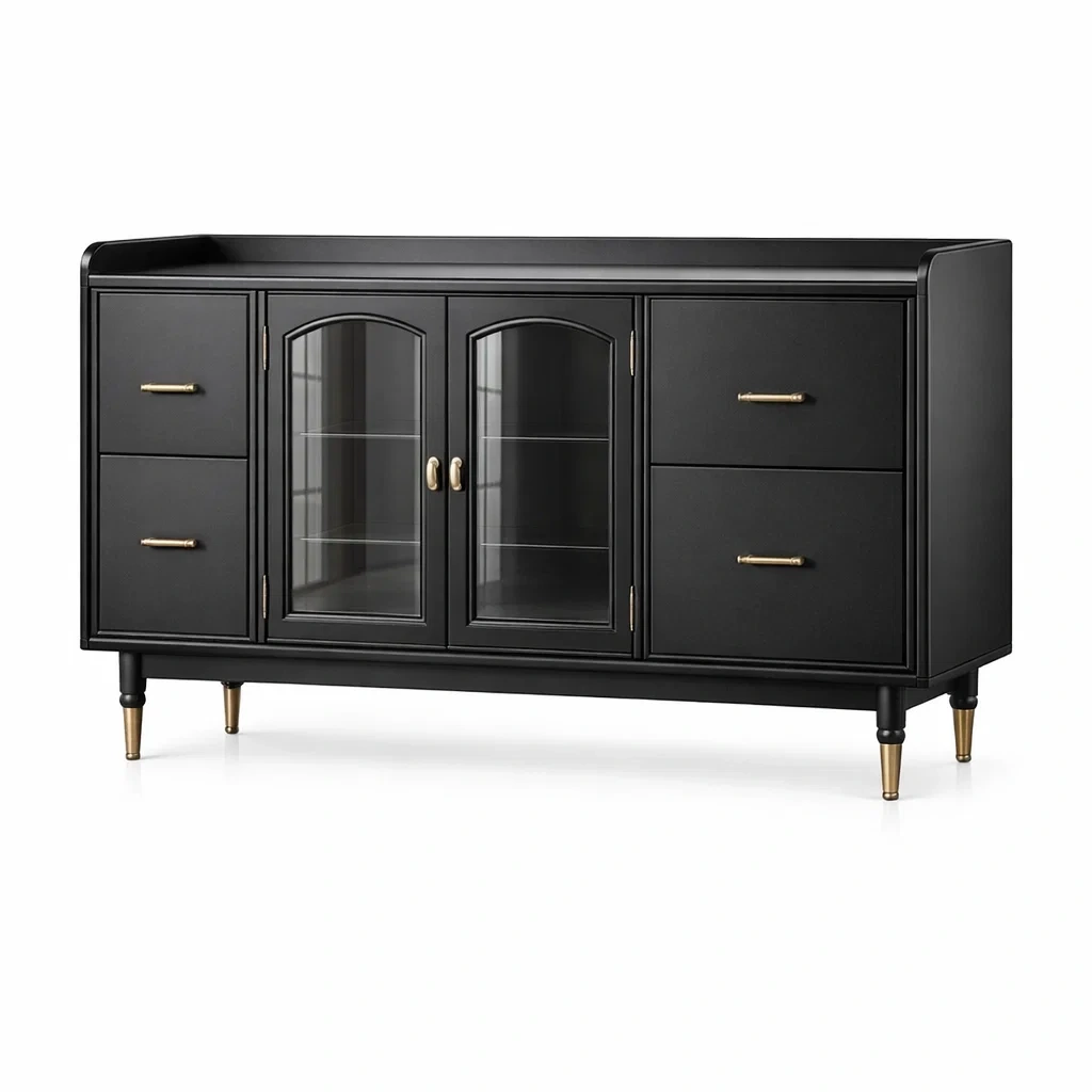 Buffet en bois avec portes en verre trempé et 4 tiroirs-DREAMNESTLIVING